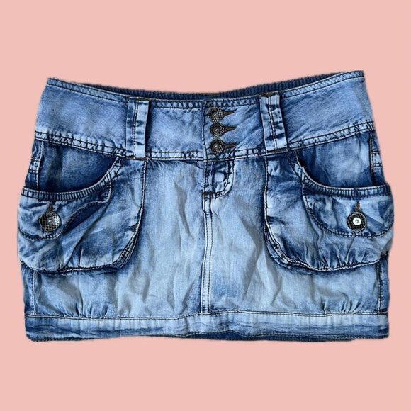 Y2K Banded Hem Denim Mini Skirt - Foxy Jeans (2000s) - Picture 1 of 8